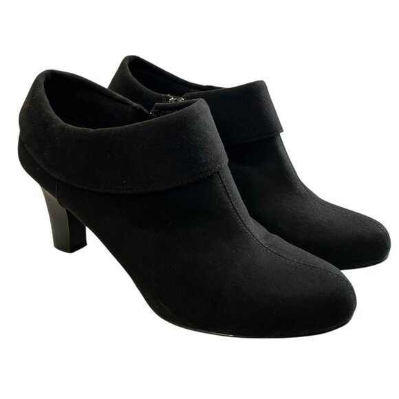 Coach Four Faux Suede Leather Ankle Booties Women 8 Black Zip Block Quiet Luxury - Picture 1 of 13
